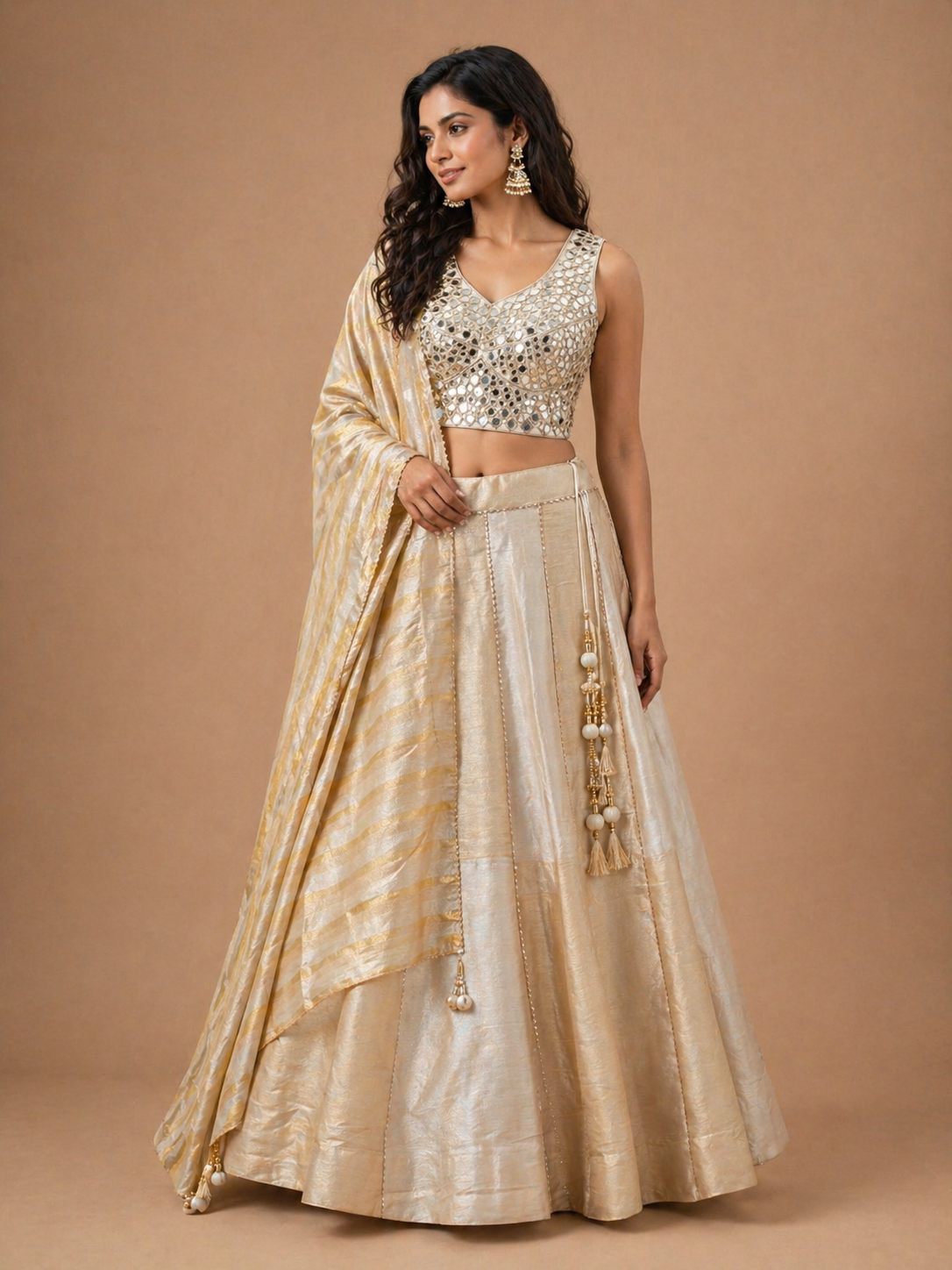 Champagne Gold Mirror Work Lehenga Set with Dupatta | Reception & Wedding Wear